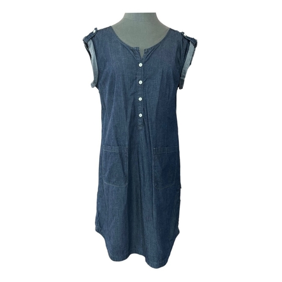 Women’s Dress GAP Denim Shift Dress Blue Front Pockets Roll Tab Shoulder Dress - Picture 8 of 12
